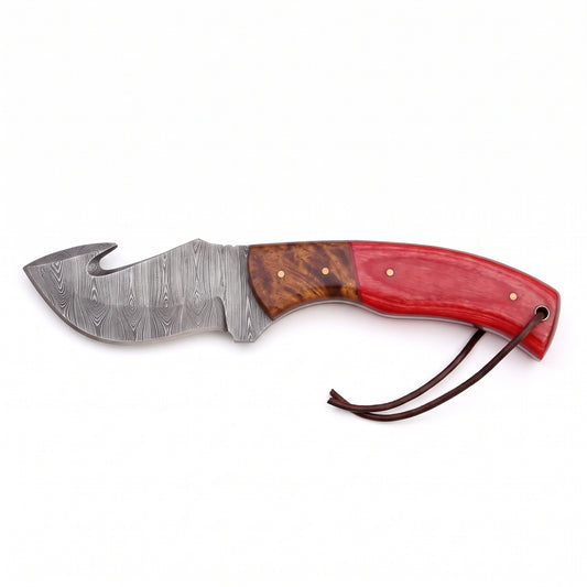 Ridgeback 9" Damascus Gut Hook Knife | Pakkawood, side profile on white