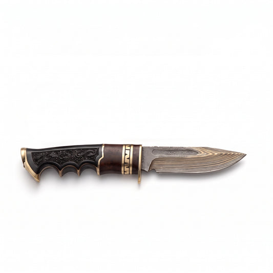 Ridgeback 9.5" Damascus Hunting Knife | Black Horn, side profile on white