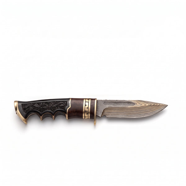 Ridgeback 9.5" Damascus Hunting Knife | Black Horn, side profile on white