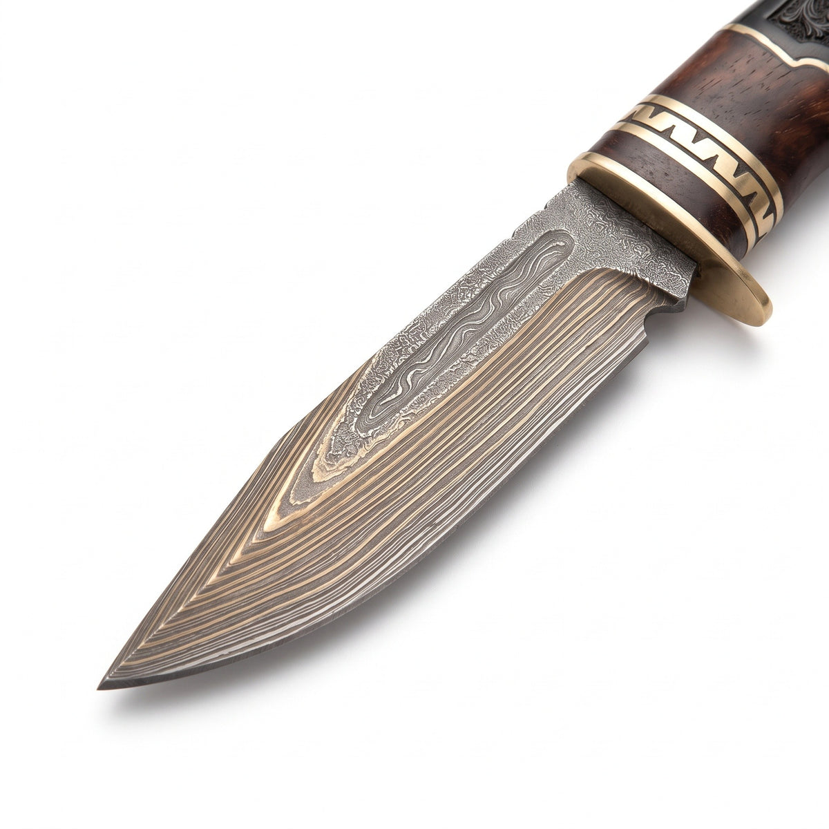 Ridgeback 9.5" Damascus Hunting Knife | Black Horn, Damascus blade close-up