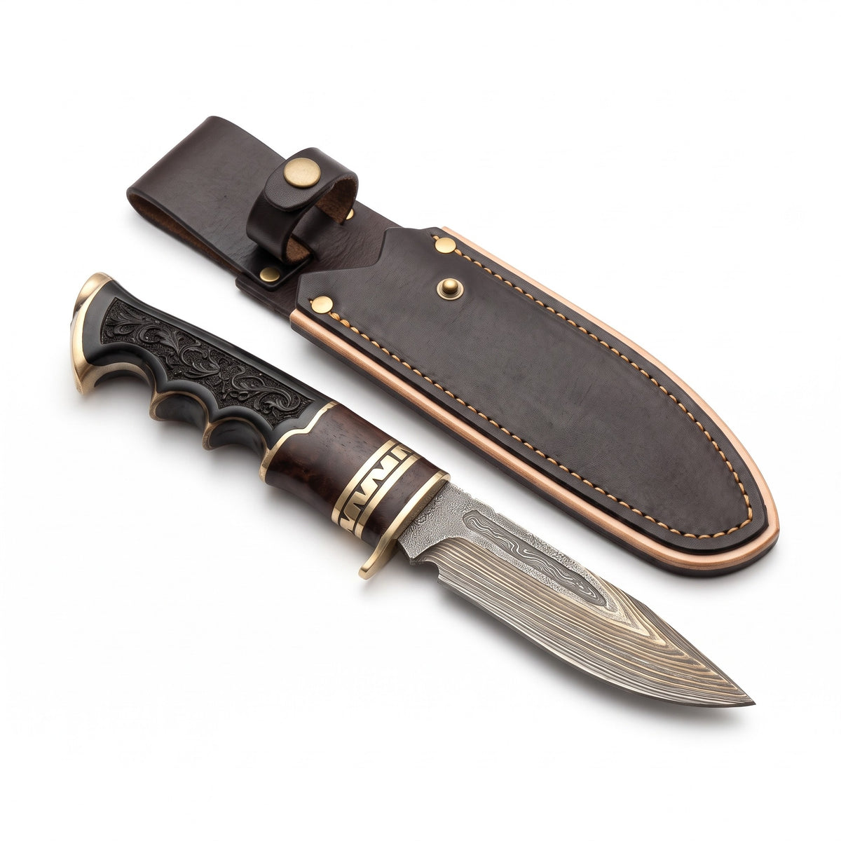 Ridgeback 9.5" Damascus Hunting Knife | Black Horn, three-quarter view with the Crownridge sheath