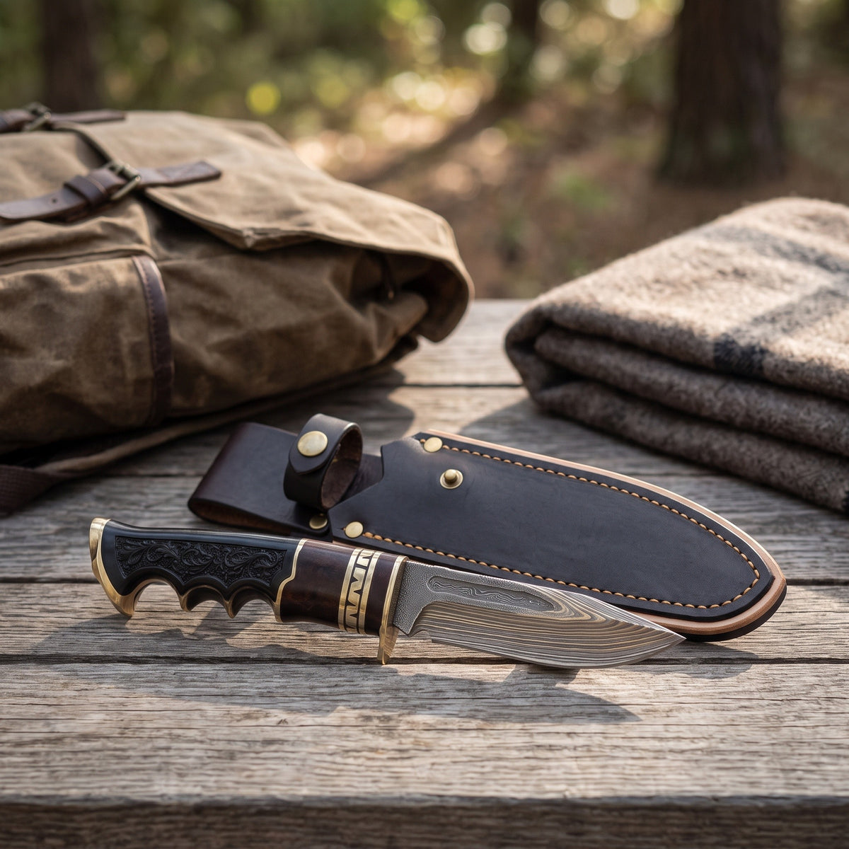 Ridgeback 9.5" Damascus Hunting Knife | Black Horn, with the Crownridge sheath in use