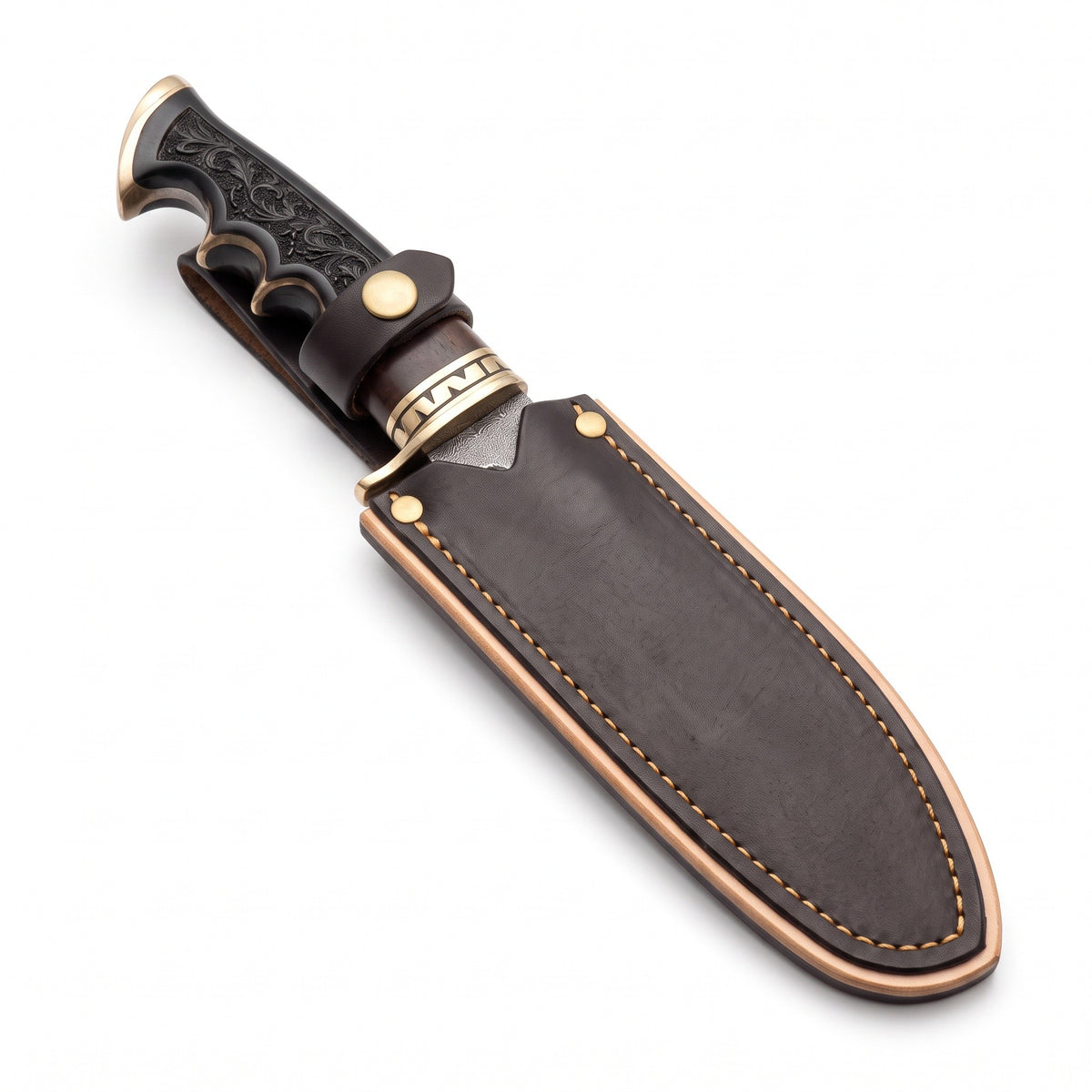 Ridgeback 9.5" Damascus Hunting Knife | Black Horn, seated in the Crownridge sheath