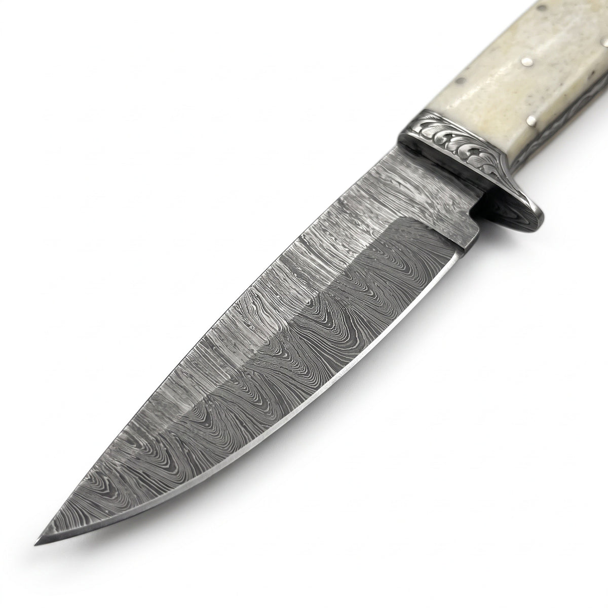 Ridgeback 9" Damascus Hunting Knife | Bone, Damascus blade close-up