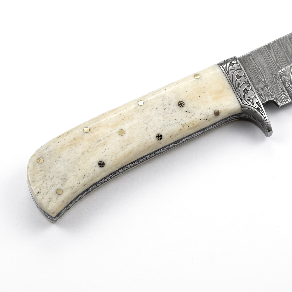 Ridgeback 9" Damascus Hunting Knife | Bone, handle and fittings close-up
