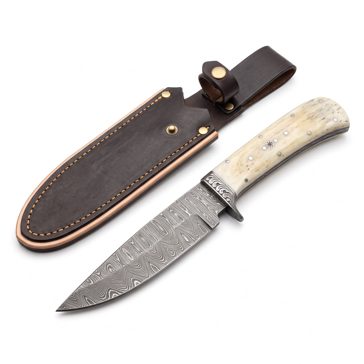 Ridgeback 9" Damascus Hunting Knife | Bone, three-quarter view with the Crownridge sheath