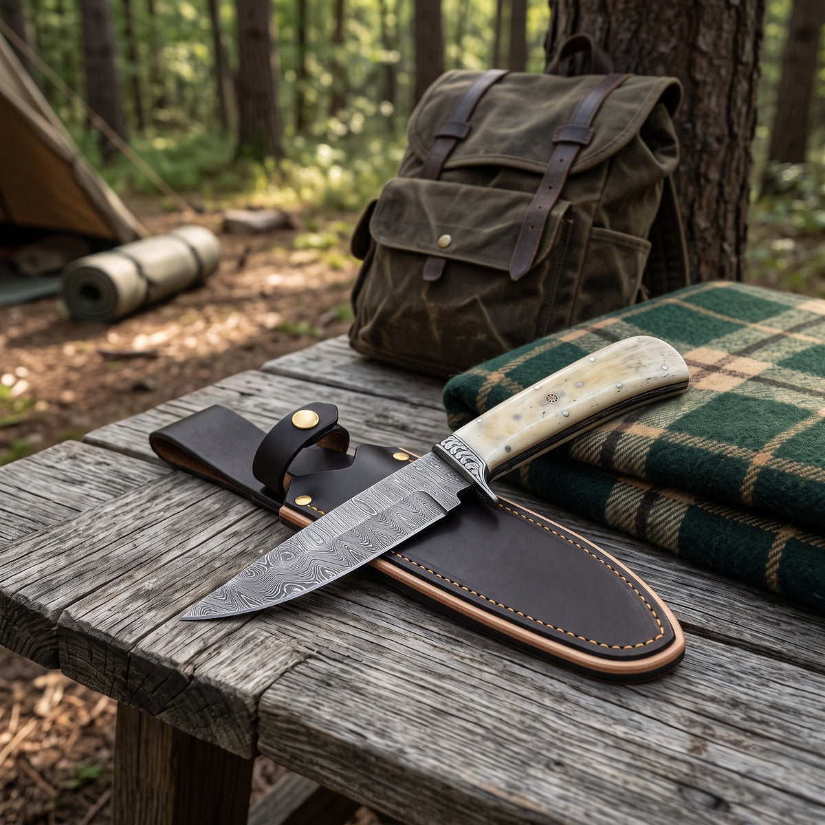 Ridgeback 9" Damascus Hunting Knife | Bone, with the Crownridge sheath in use