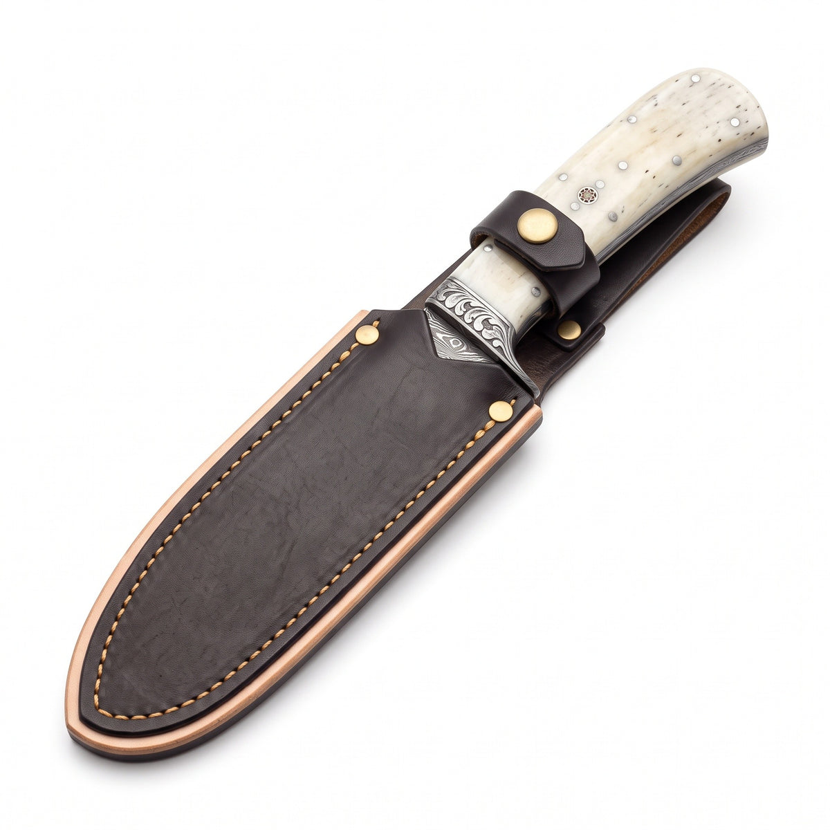 Ridgeback 9" Damascus Hunting Knife | Bone, seated in the Crownridge sheath