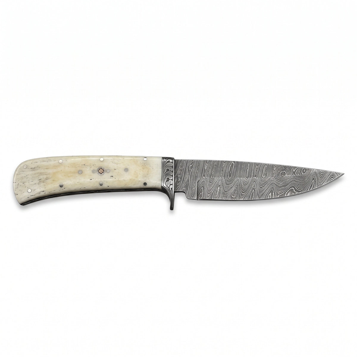 Ridgeback 9" Damascus Hunting Knife | Bone, side profile on white