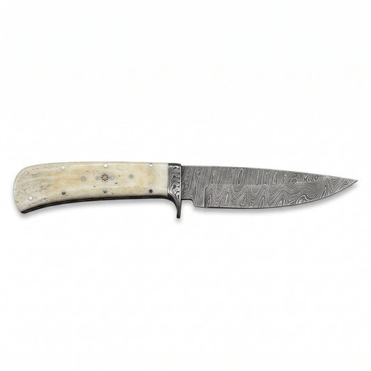 Ridgeback 9" Damascus Hunting Knife | Bone, side profile on white