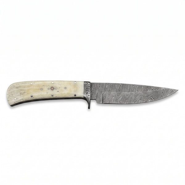 Ridgeback 9" Damascus Hunting Knife | Bone, side profile on white