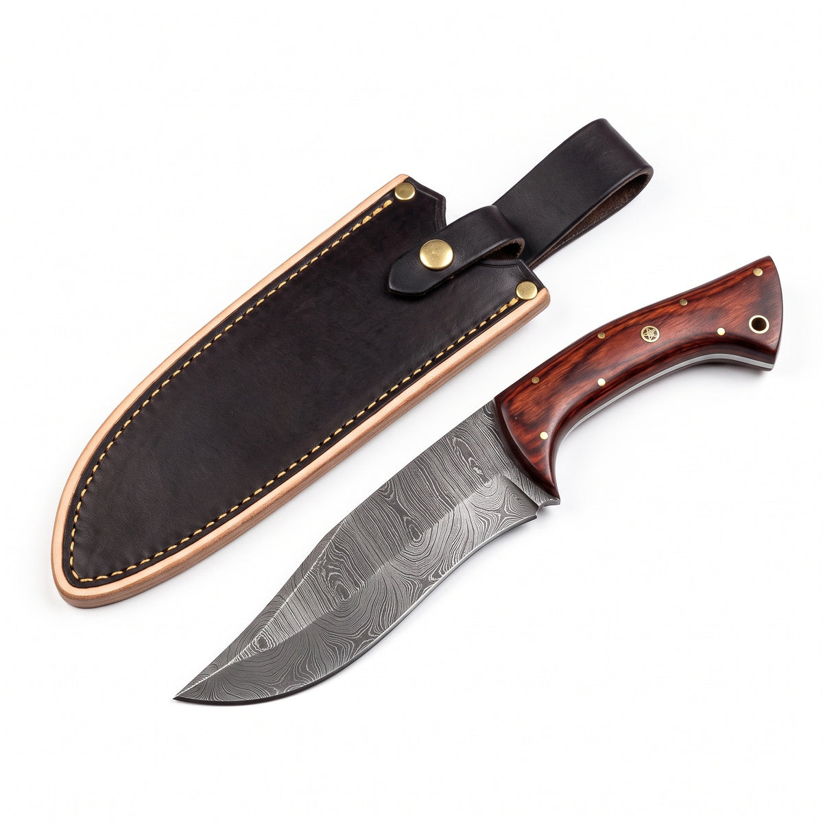 Ridgeback 9.5" Damascus Hunting Knife | Pakkawood, three-quarter view with the Crownridge sheath