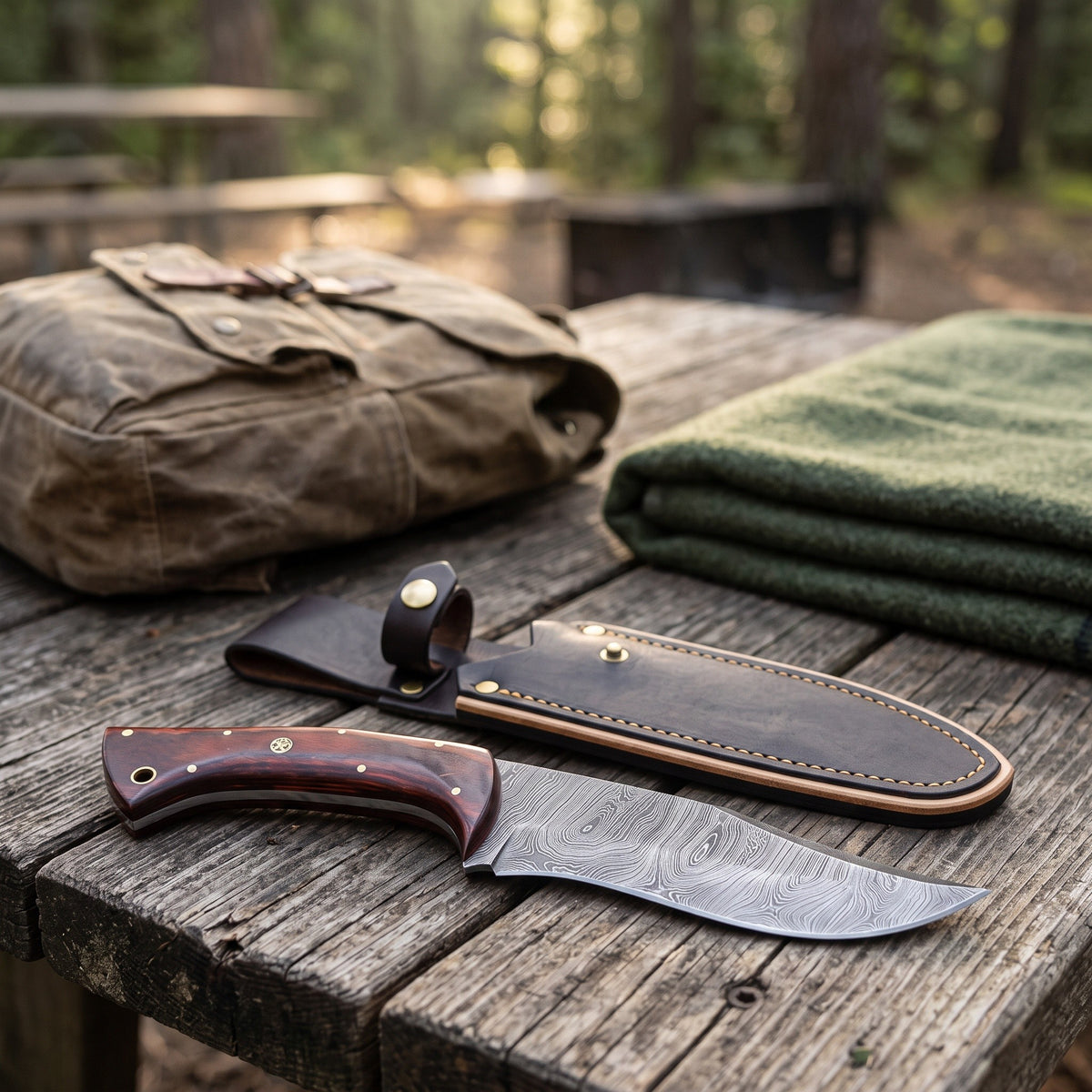 Ridgeback 9.5" Damascus Hunting Knife | Pakkawood, with the Crownridge sheath in use