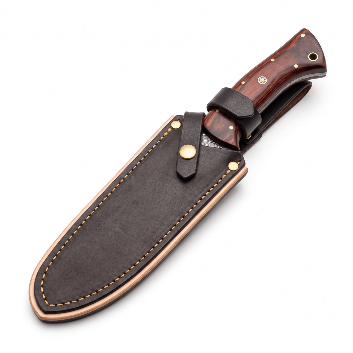 Ridgeback 9.5" Damascus Hunting Knife | Pakkawood, seated in the Crownridge sheath