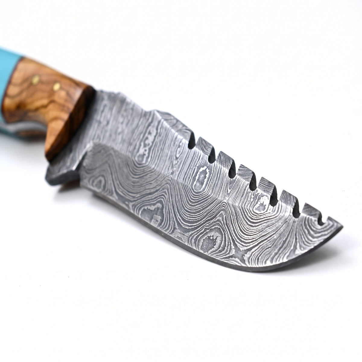 Ridgeback 9.5" Damascus Hunting Knife | Resin & Turquoise, Damascus blade close-up