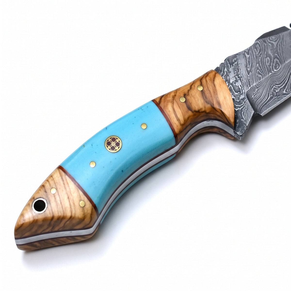 Ridgeback 9.5" Damascus Hunting Knife | Resin & Turquoise, handle and fittings close-up
