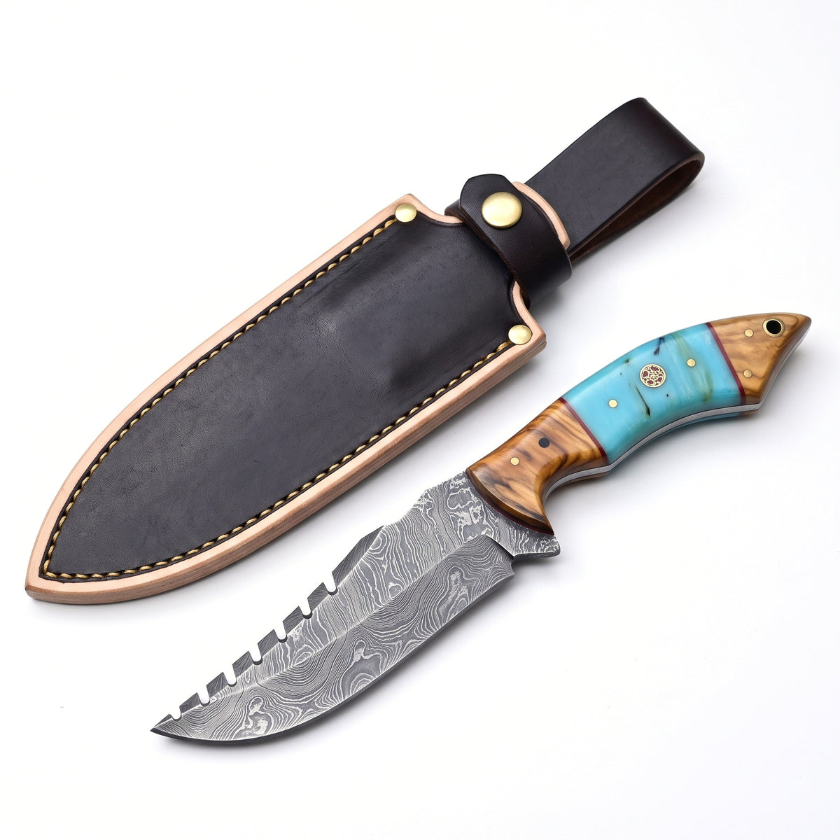 Ridgeback 9.5" Damascus Hunting Knife | Resin & Turquoise, three-quarter view with the Crownridge sheath