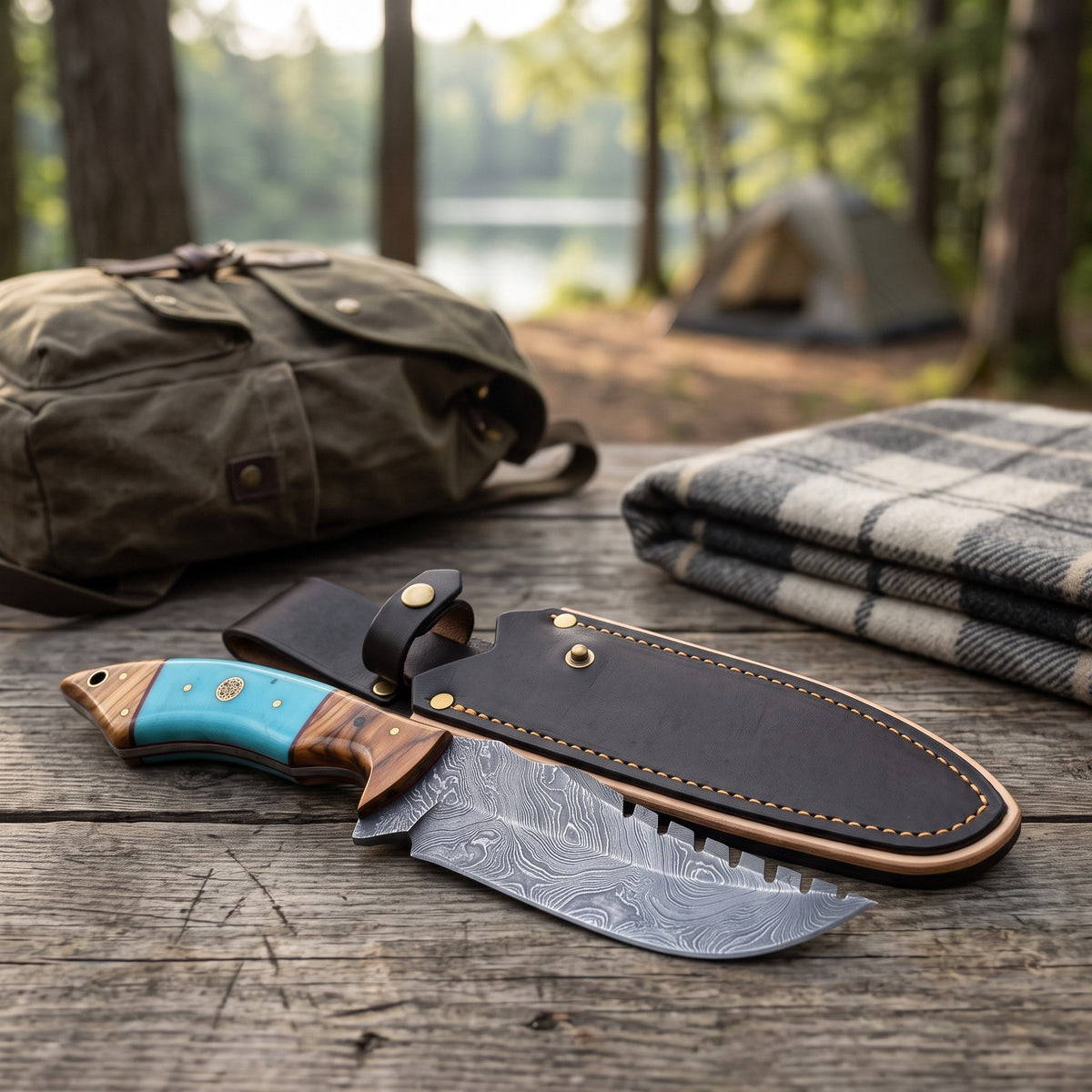 Ridgeback 9.5" Damascus Hunting Knife | Resin & Turquoise, with the Crownridge sheath in use