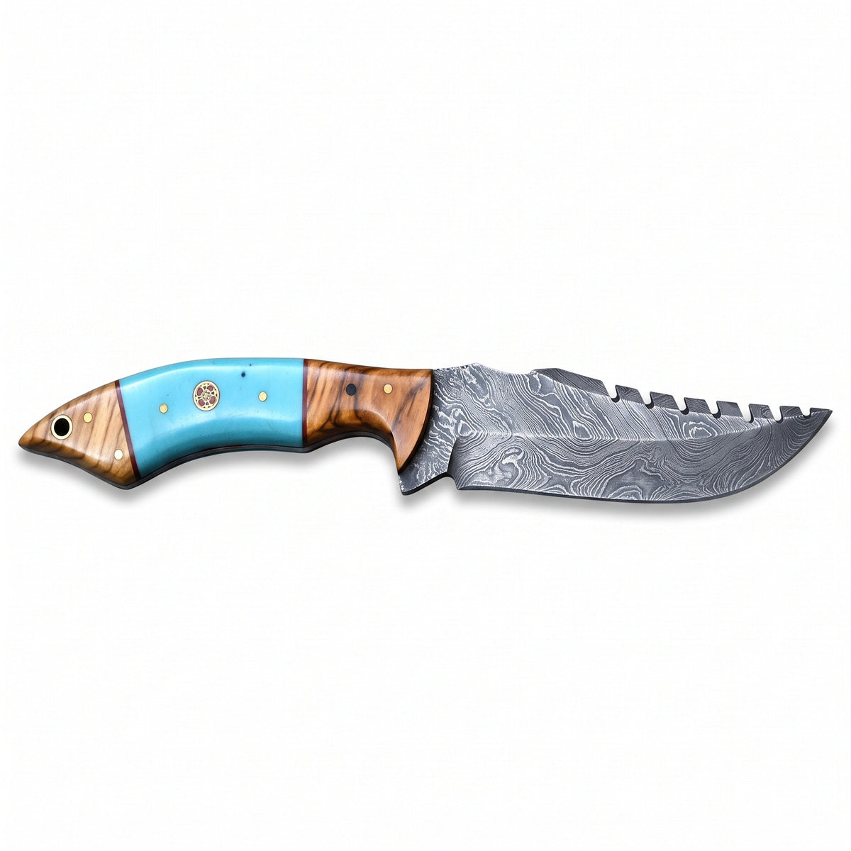 Ridgeback 9.5" Damascus Hunting Knife | Resin & Turquoise, side profile on white