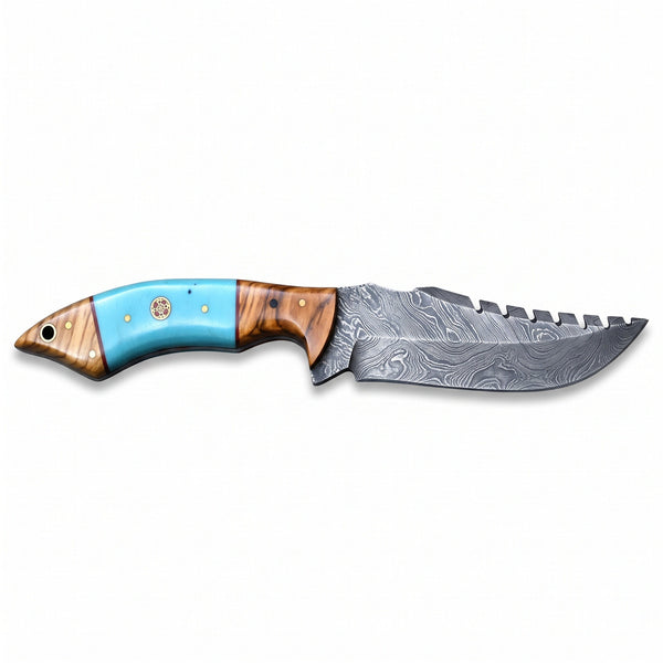 Ridgeback 9.5" Damascus Hunting Knife | Resin & Turquoise, side profile on white