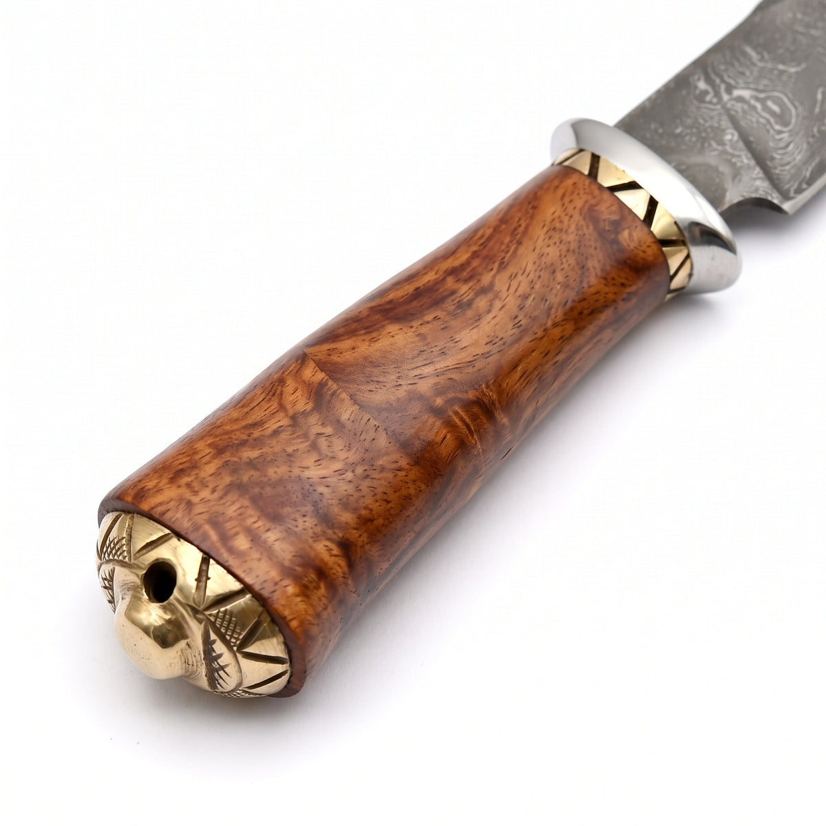 Ridgeback 9.5" Damascus Hunting Knife | Rosewood, handle and fittings close-up
