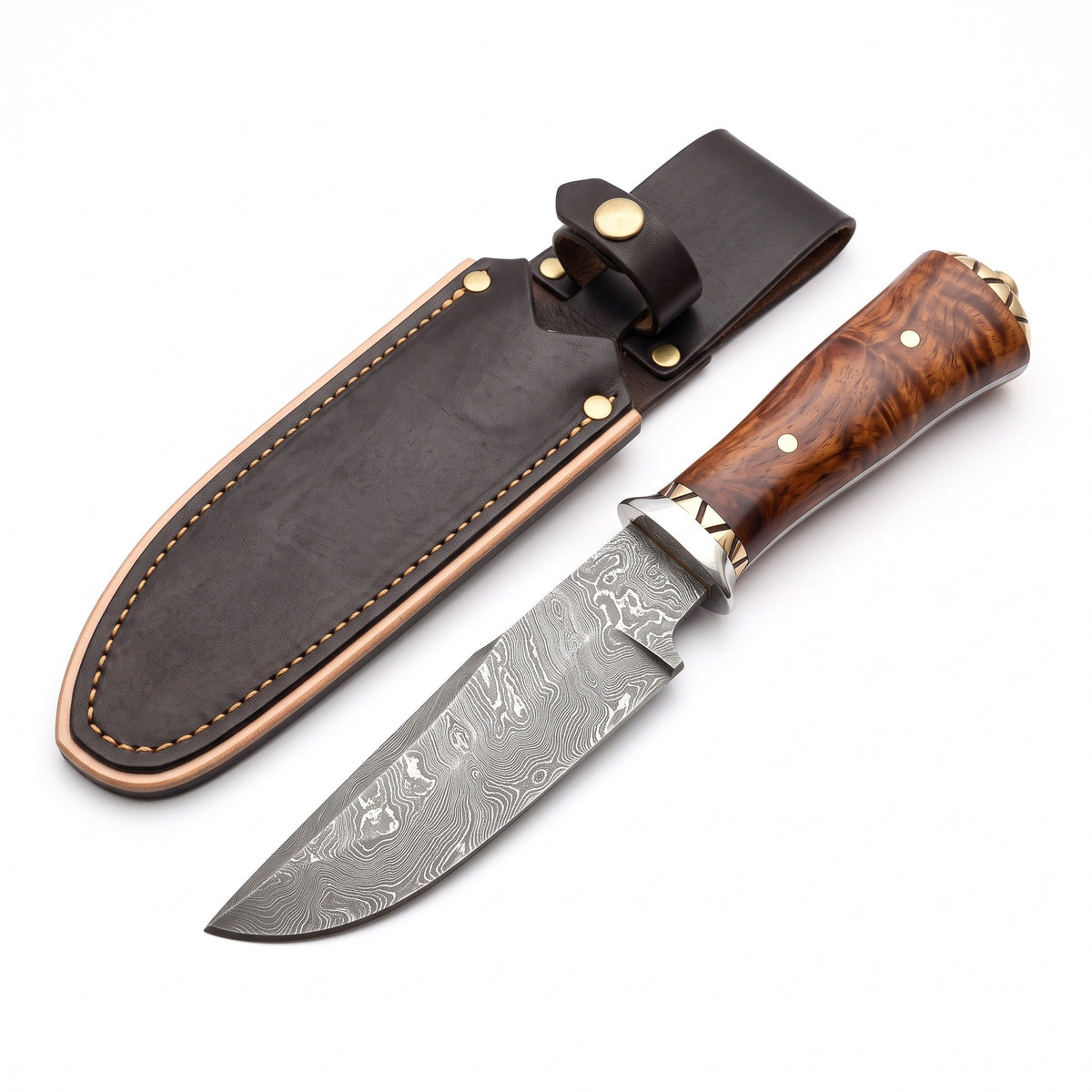 Ridgeback 9.5" Damascus Hunting Knife | Rosewood, three-quarter view with the Crownridge sheath
