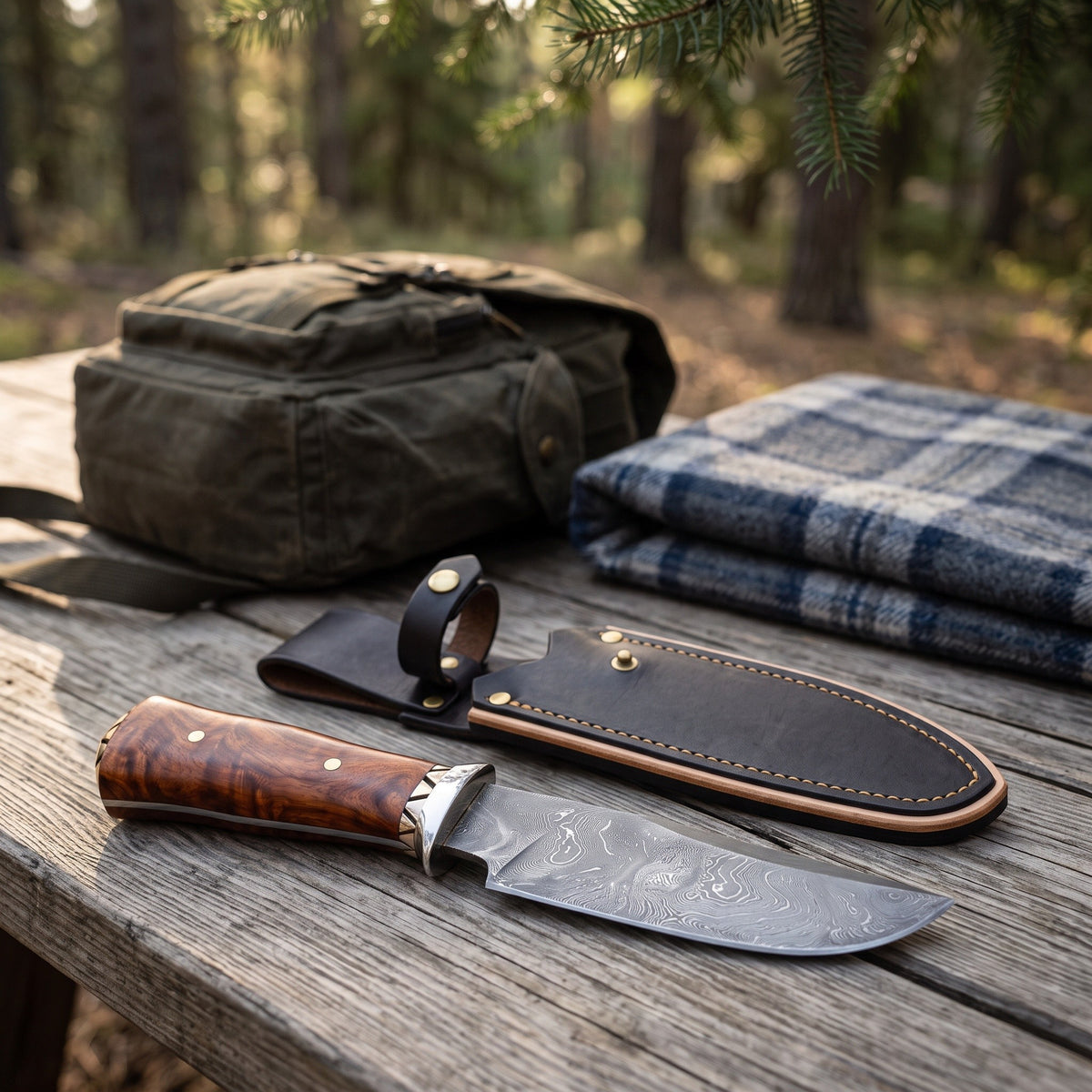 Ridgeback 9.5" Damascus Hunting Knife | Rosewood, with the Crownridge sheath in use