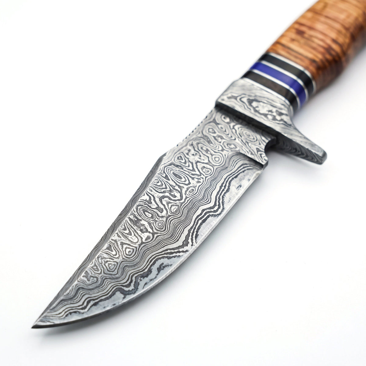 Ridgeback 9.5" Damascus Hunting Knife | Stacked Leather, Damascus blade close-up