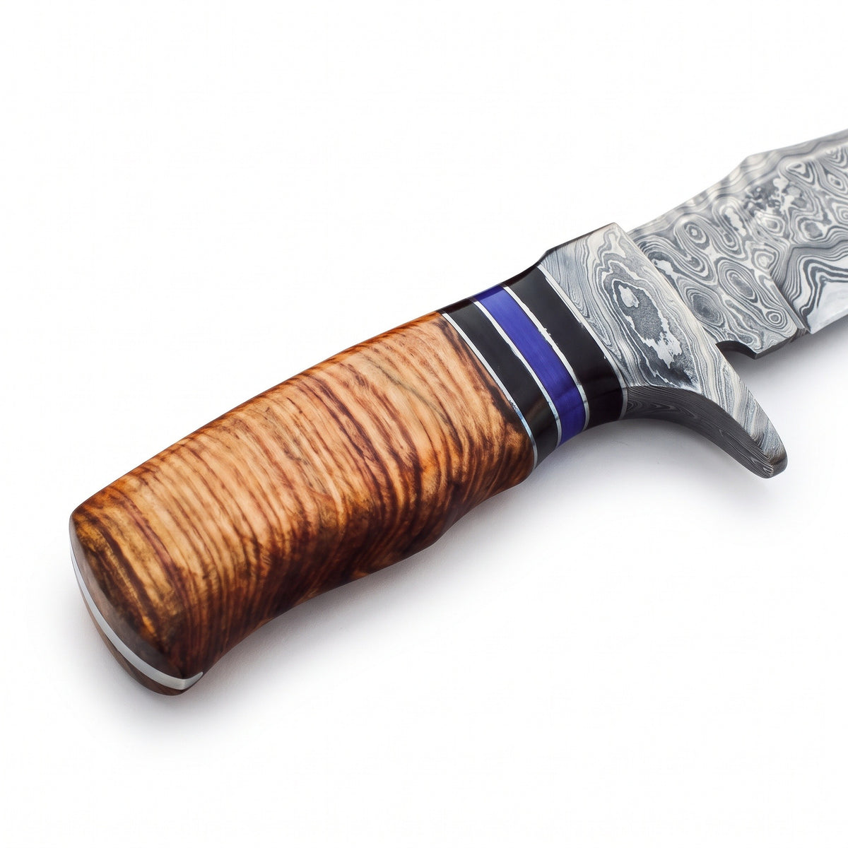 Ridgeback 9.5" Damascus Hunting Knife | Stacked Leather, handle and fittings close-up