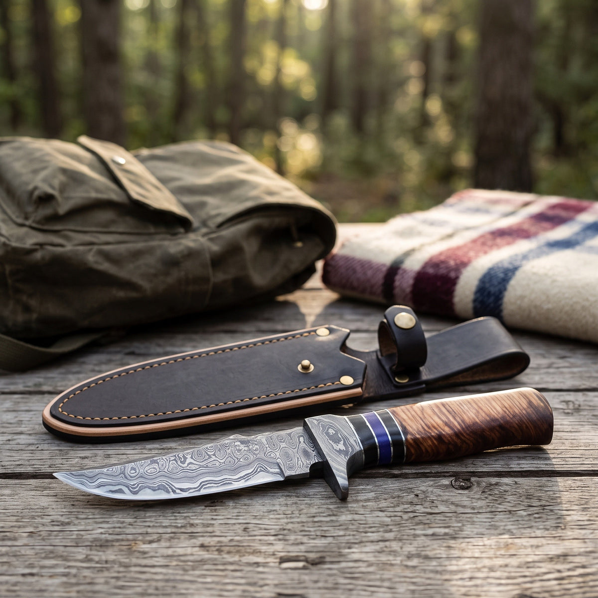 Ridgeback 9.5" Damascus Hunting Knife | Stacked Leather, with the Crownridge sheath in use