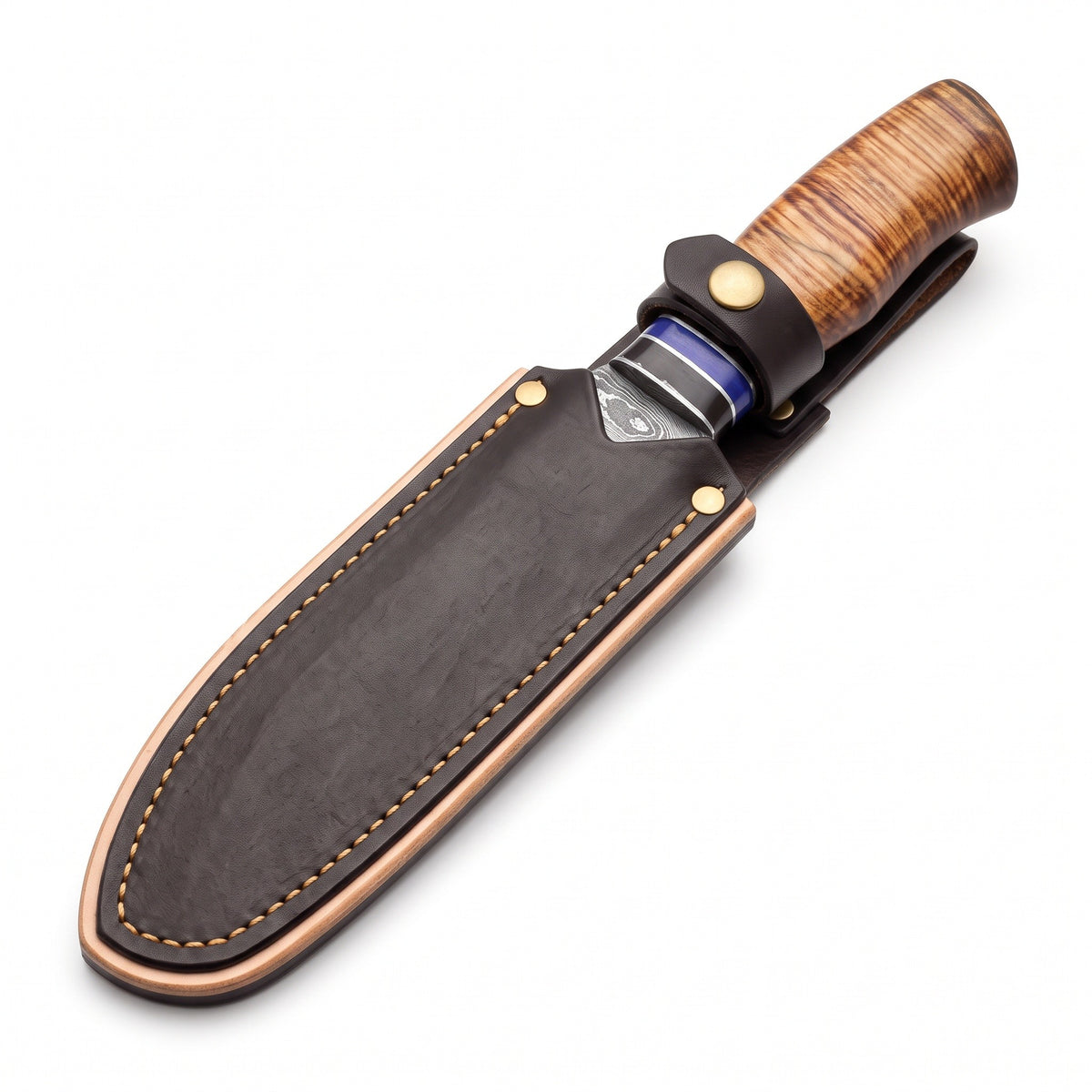 Ridgeback 9.5" Damascus Hunting Knife | Stacked Leather, seated in the Crownridge sheath