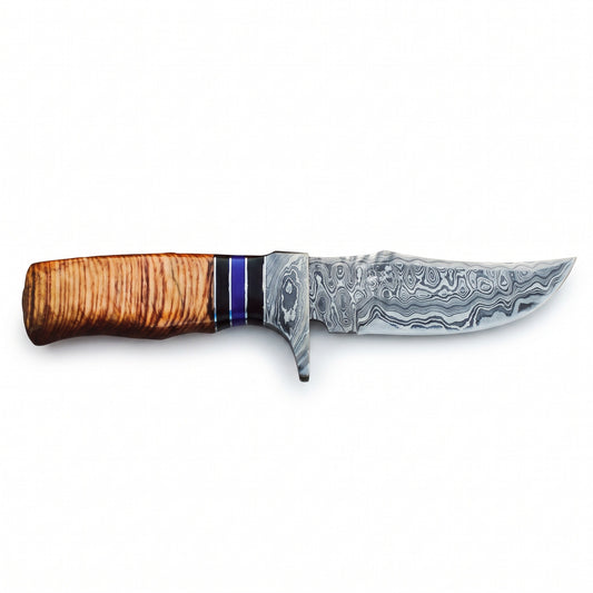 Ridgeback 9.5" Damascus Hunting Knife | Stacked Leather, side profile on white