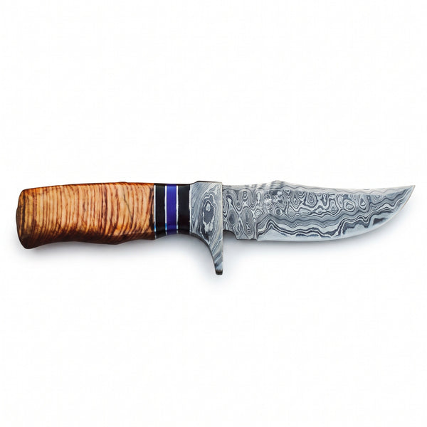 Ridgeback 9.5" Damascus Hunting Knife | Stacked Leather, side profile on white