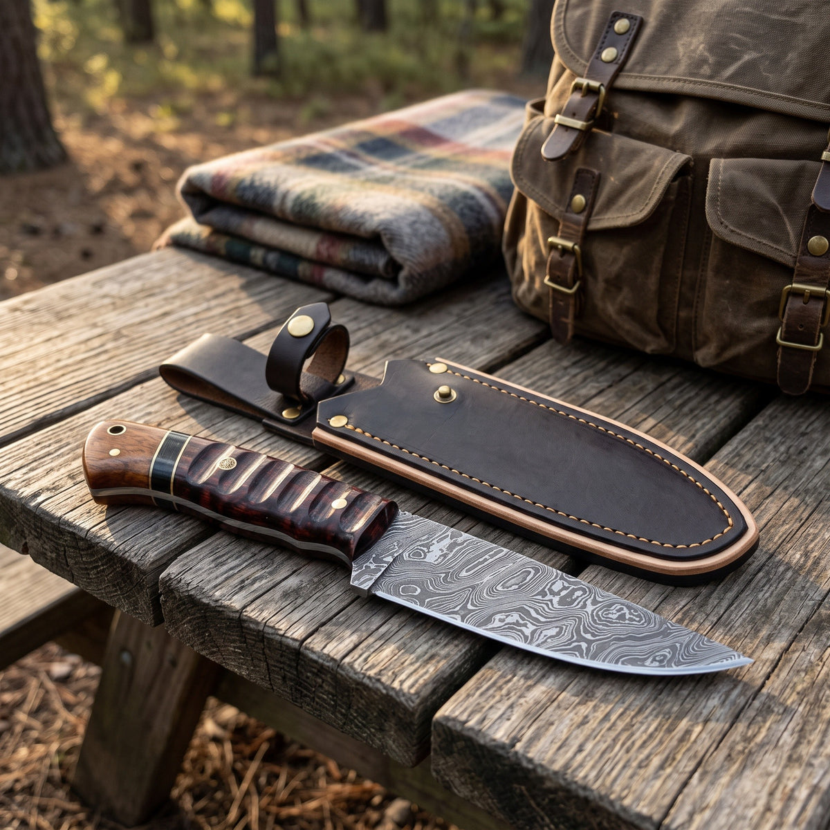 Ridgeback 9.5" Damascus Hunting Knife | Walnut & Brass, with the Crownridge sheath in use