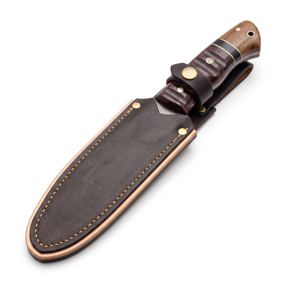 Ridgeback 9.5" Damascus Hunting Knife | Walnut & Brass, seated in the Crownridge sheath