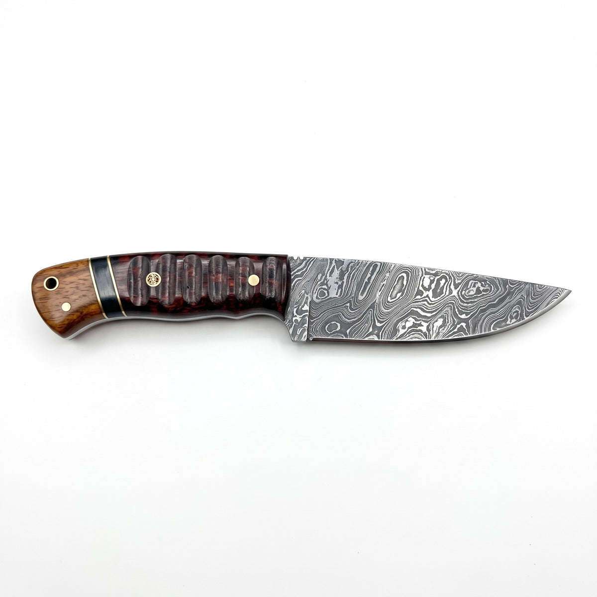 Ridgeback 9.5" Damascus Hunting Knife | Walnut & Brass, side profile on white