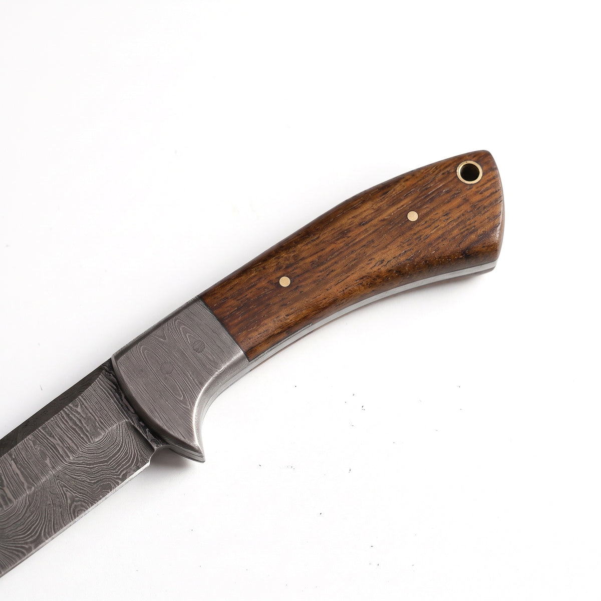 Ridgeback 9.5" Damascus Trailing Point Hunting Knife | Rosewood, handle and fittings close-up