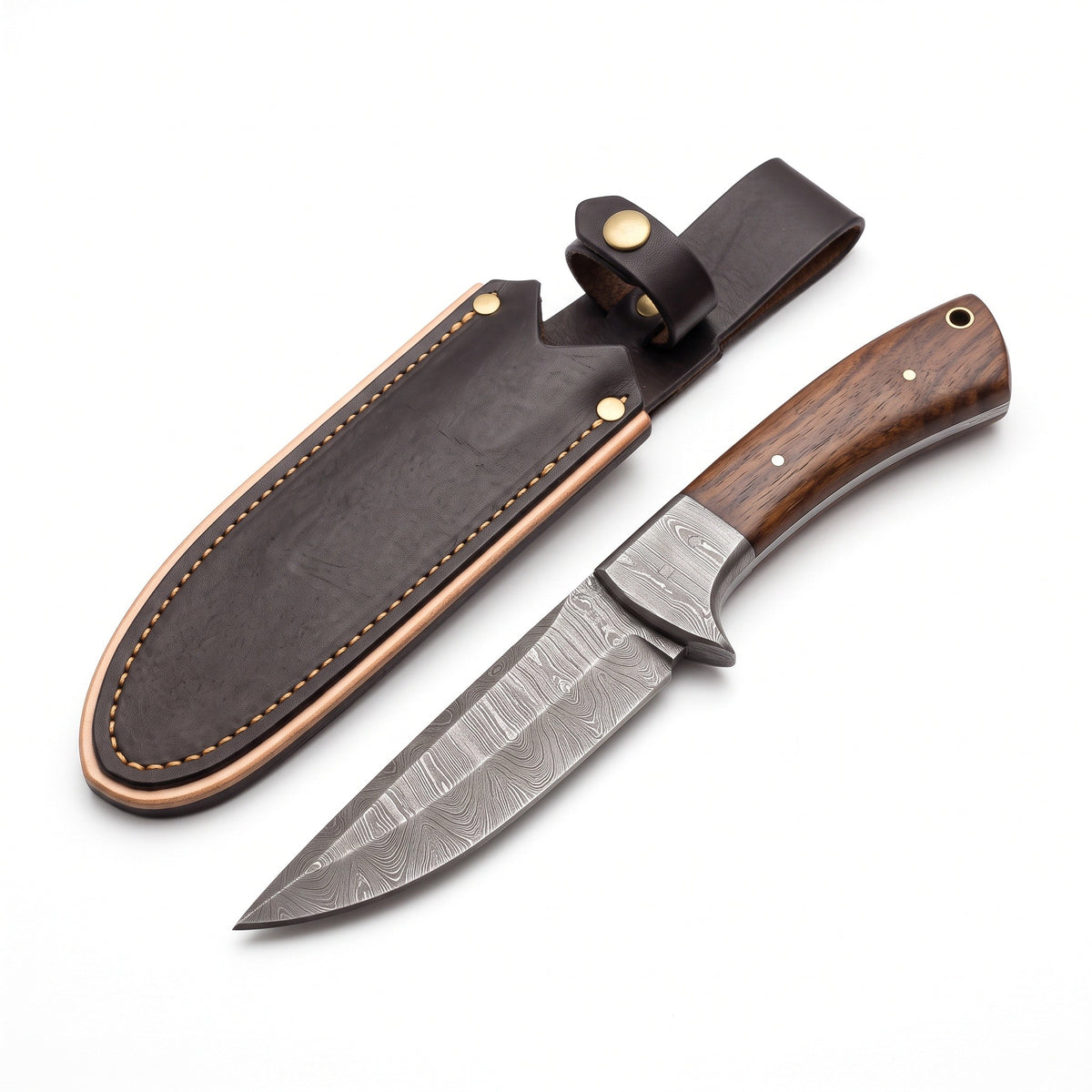 Ridgeback 9.5" Damascus Trailing Point Hunting Knife | Rosewood, three-quarter view with the Crownridge sheath