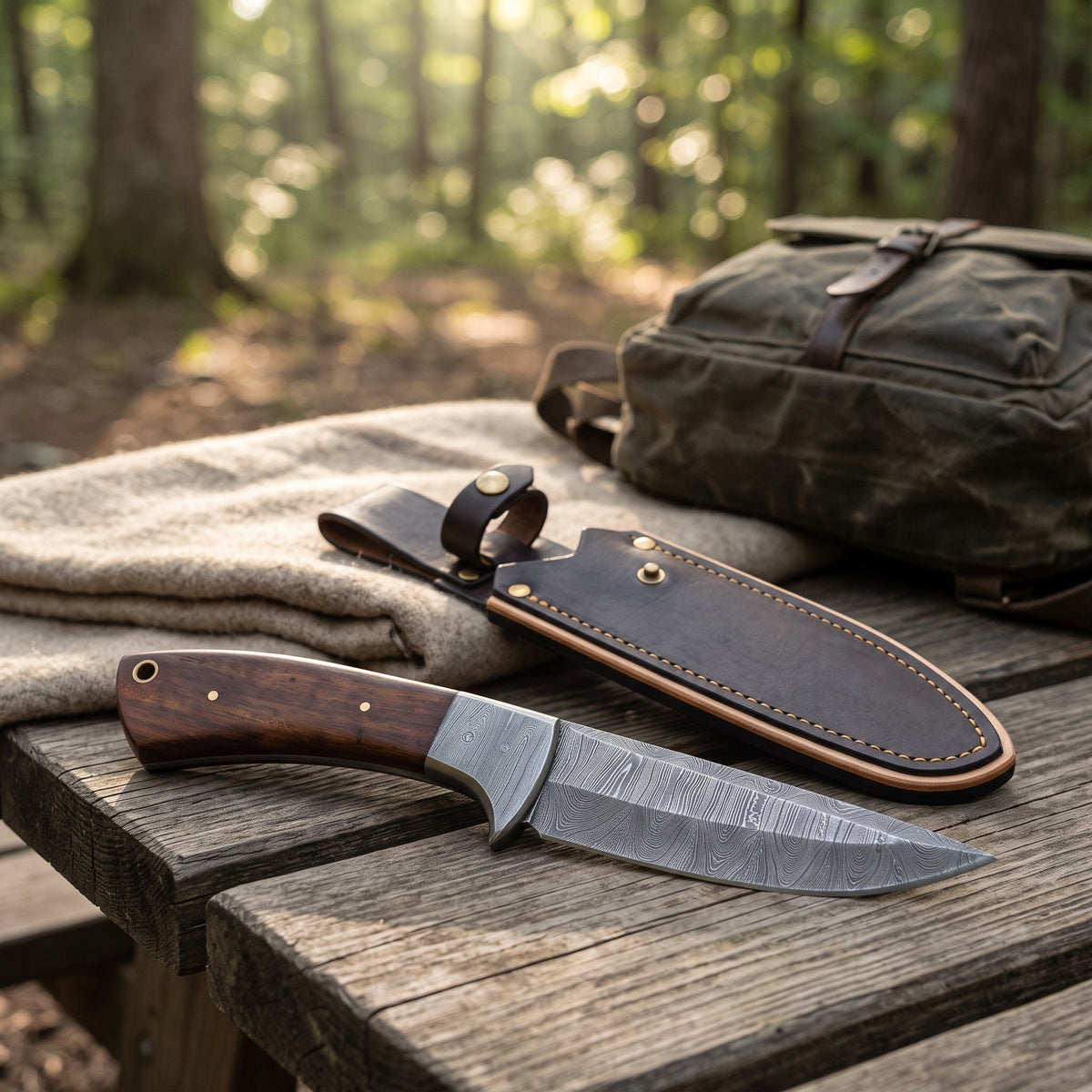 Ridgeback 9.5" Damascus Trailing Point Hunting Knife | Rosewood, with the Crownridge sheath in use