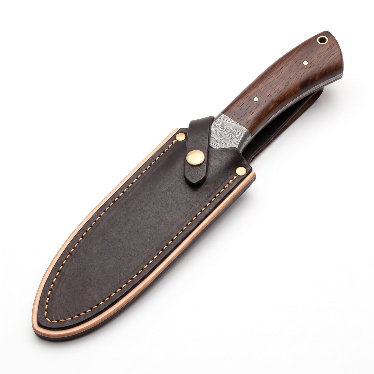 Ridgeback 9.5" Damascus Trailing Point Hunting Knife | Rosewood, seated in the Crownridge sheath