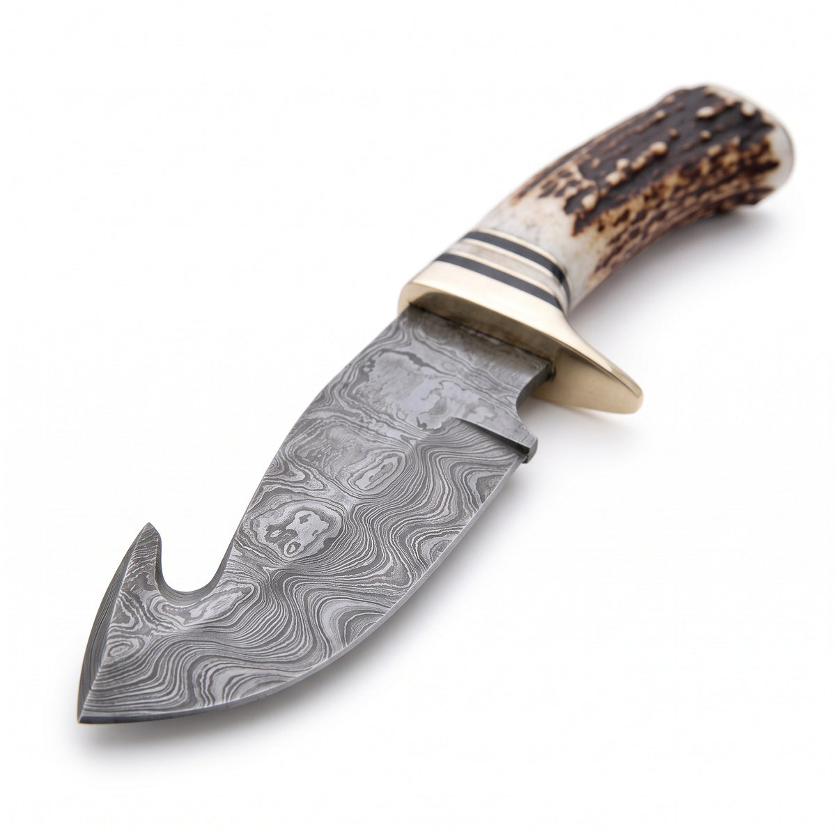 Ridgeback 9" Damascus Gut Hook Knife | Stag, Damascus blade close-up