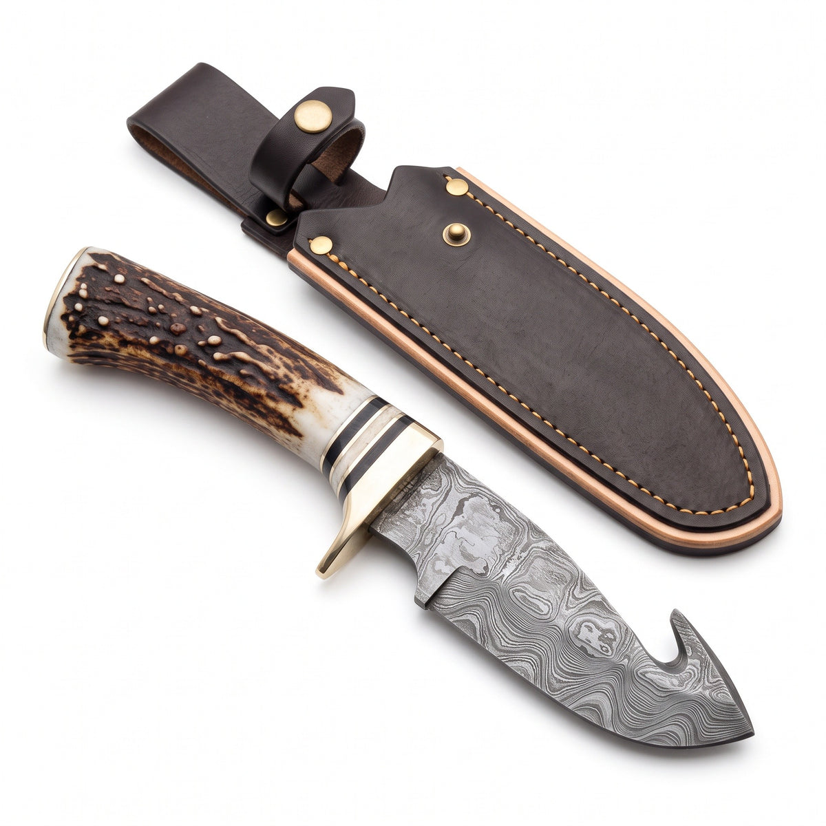 Ridgeback 9" Damascus Gut Hook Knife | Stag, three-quarter view with the Crownridge sheath