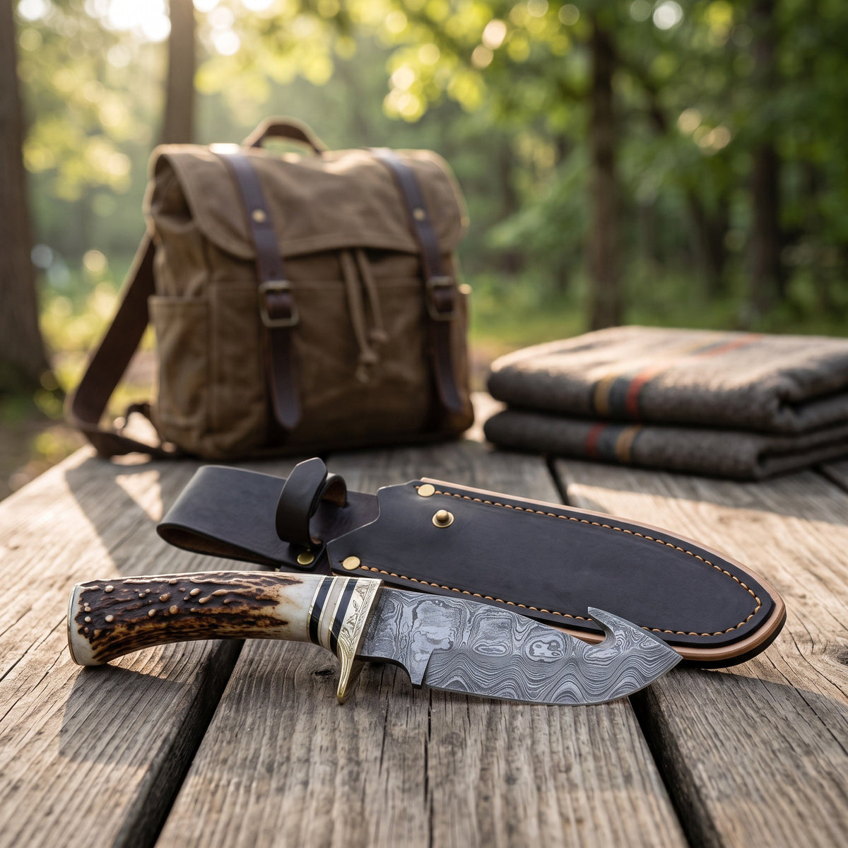Ridgeback 9" Damascus Gut Hook Knife | Stag, with the Crownridge sheath in use