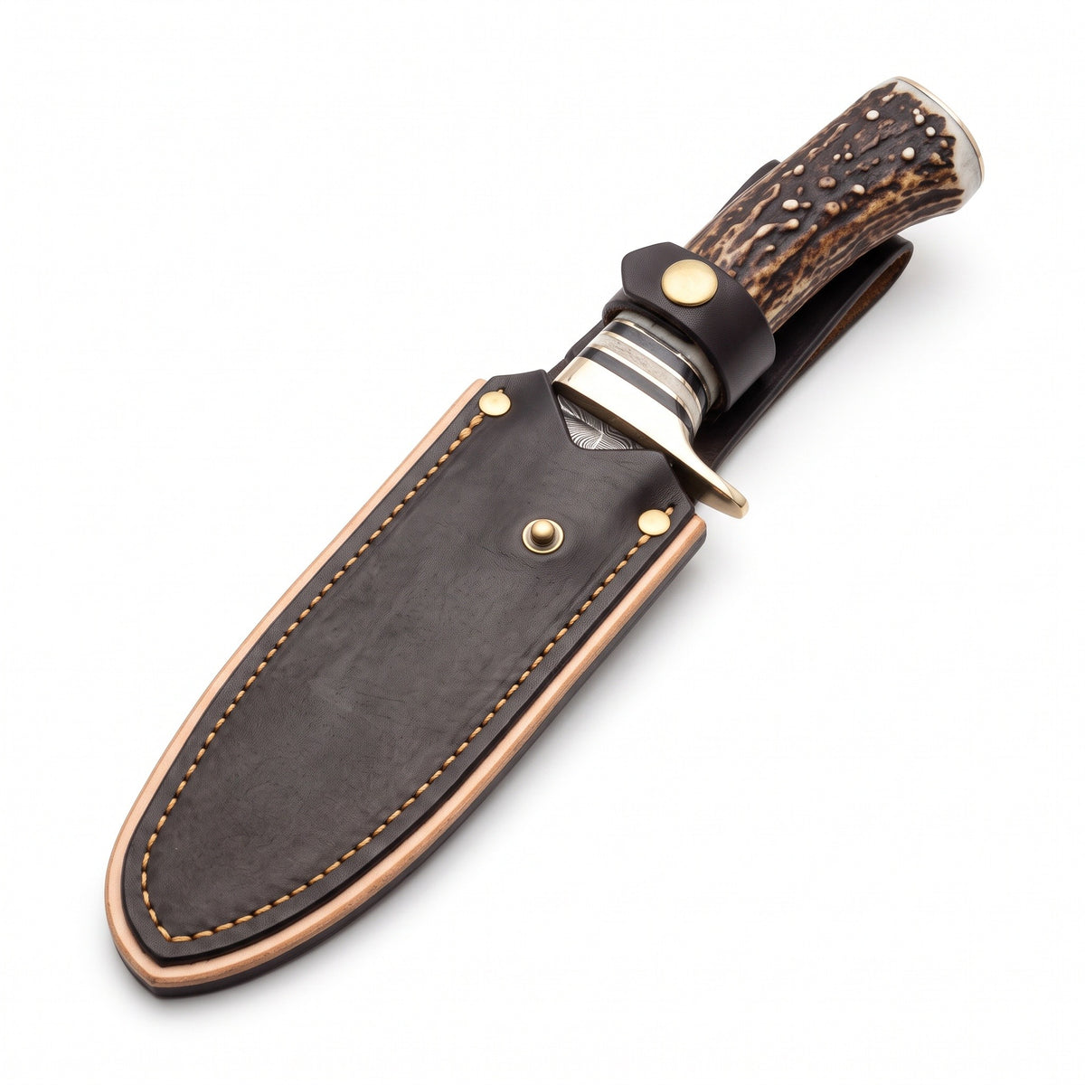 Ridgeback 9" Damascus Gut Hook Knife | Stag, seated in the Crownridge sheath