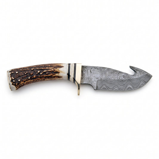 Ridgeback 9" Damascus Gut Hook Knife | Stag, side profile on white