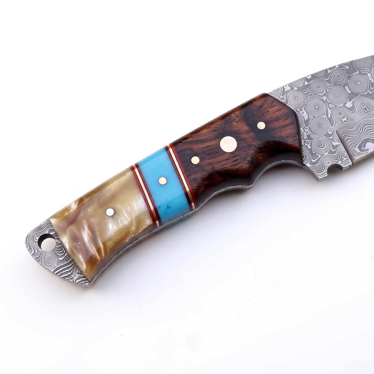 Ridgeback 9" Damascus Hunting Knife | Resin, handle and fittings close-up