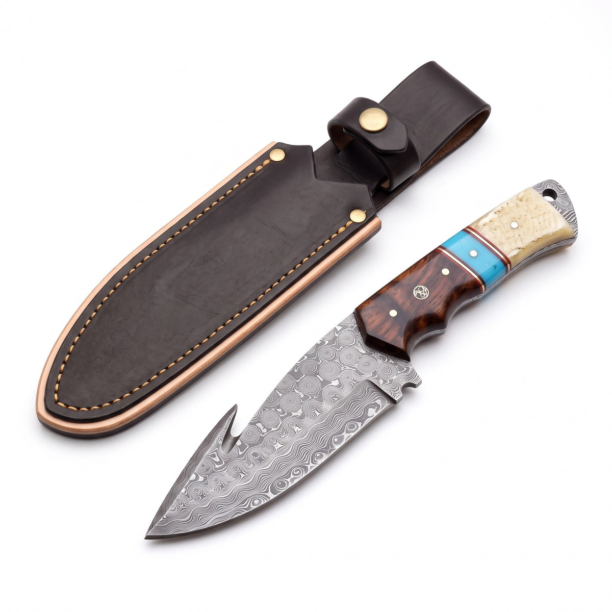 Ridgeback 9" Damascus Hunting Knife | Resin, three-quarter view with the Crownridge sheath