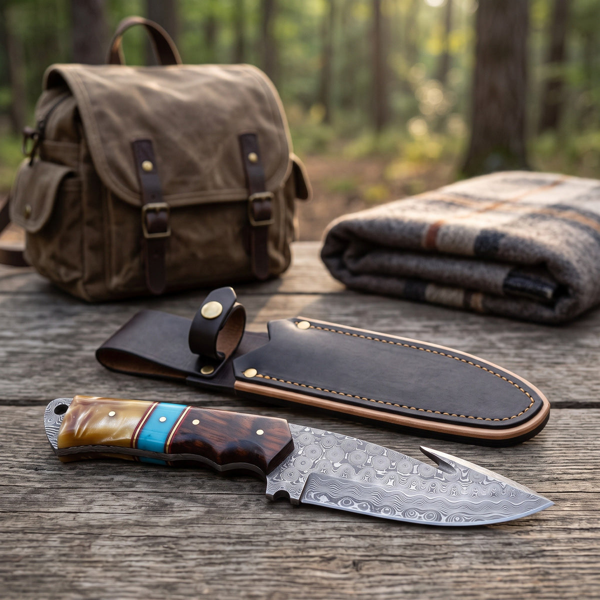Ridgeback 9" Damascus Hunting Knife | Resin, with the Crownridge sheath in use