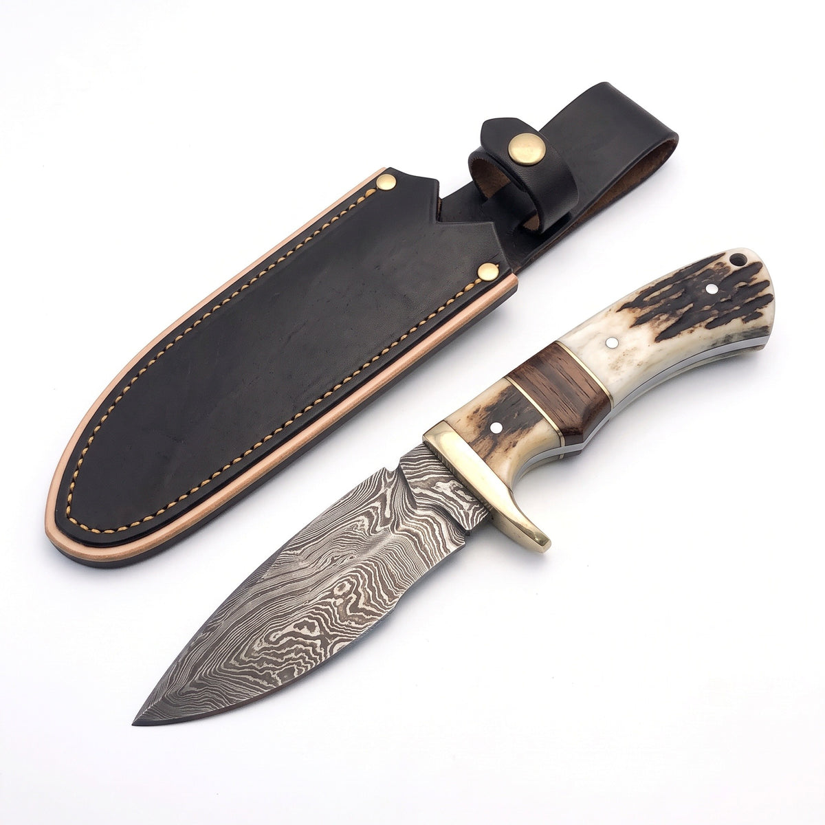 Ridgeback 9" Damascus Hunting Knife | Stag, three-quarter view with the Crownridge sheath