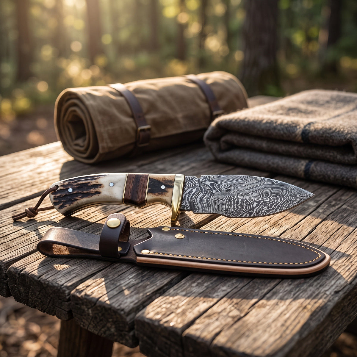 Ridgeback 9" Damascus Hunting Knife | Stag, with the Crownridge sheath in use